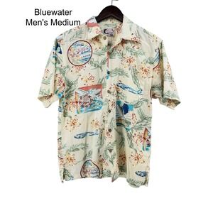 Bluewater Wear Mens Medium Hawaiian Shirt Aviation Air Fiji Pan Global USA Made